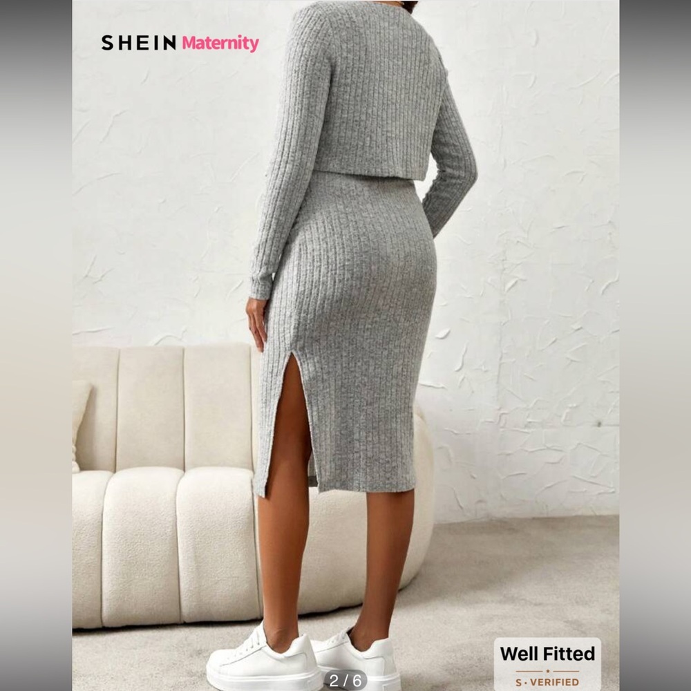 SHEIN Maternity Split Thigh Rib-Knit Cami Dress With Button Up Long Sleeve Cozy - Picture 4 of 14
